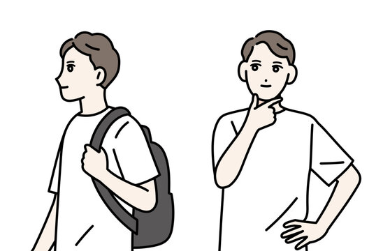 考えている若い男性の立ち姿　リュックを持っている