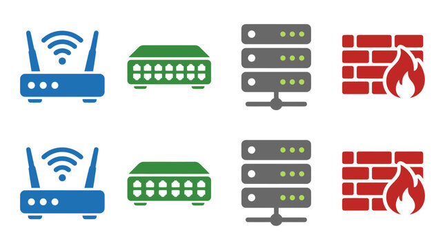 Computer network infrastructure and server hardware icon set.
