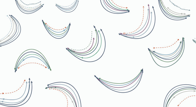 Pattern of curved arrows in various colors and dashed styles on a white field represents flow and direction.