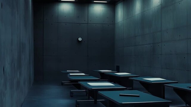 Stark industrial classroom interior featuring smooth concrete walls, minimal desks, and a small clock, creating a moody brutalist atmosphere with a cold architectural aesthetic
