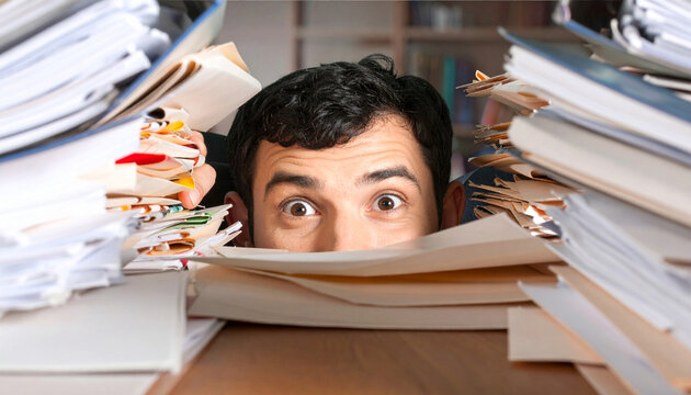 Wide eyed person buried under piles of documents. Documents overflow desk area. Individual appears stressed by workload and paperwork chaos