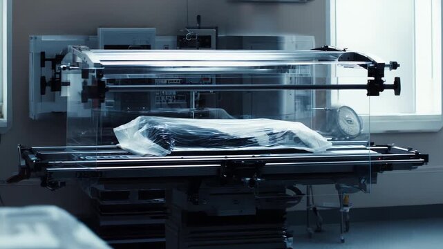 Body wrapped in a white body bag on a gurney in a sterile clinical room, evoking a somber, cold morgue or post procedure laboratory atmosphere of silence and investigation