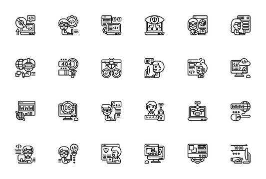 Programming 2004 icon set. Minimal line art pack. Features coding, script, security, analysis, data server, error, debug, application and more. Editable vector stroke.