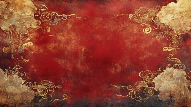 Abstract textured background with gold clouds on a deep red backdrop.