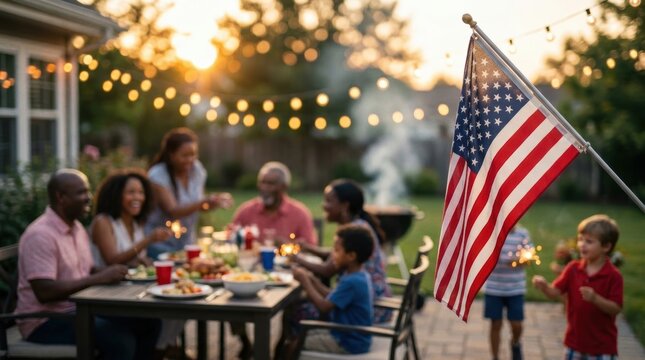 American flag in sharp foreground with blurred backyard party gathering in background, 4th of July summer cookout celebration with string lights and golden hour bokeh.