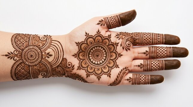 Close-up of a female hand with intricate mandala mehndi design and traditional henna patterns