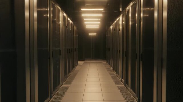 Data center hallway featuring rows of server racks, processing and storing vast amounts of digital information for cloud computing and internet infrastructure, illuminated by warm overhead lights