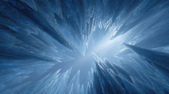 Surreal frozen cavern with translucent crystal wall and icy blue light, abstract winter landscape, glowing frost texture