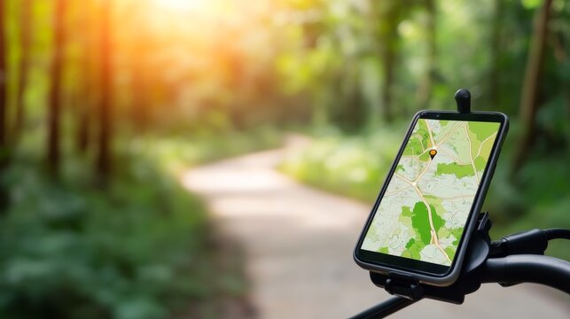 Smartphone displaying a navigation map mounted on a bicycle handlebar, illuminated by sunlight filtering through the trees along a forest path, utilizing online maps and gps tracking for direction
