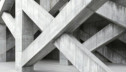 Naklejka premium Abstract concrete construction with interlocking diagonal beams and pillars.