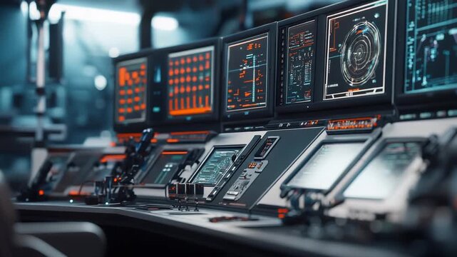 Futuristic control room with multiple glowing screens and holographic interfaces displaying data, graphs and system feeds for high tech command, monitoring and operations management