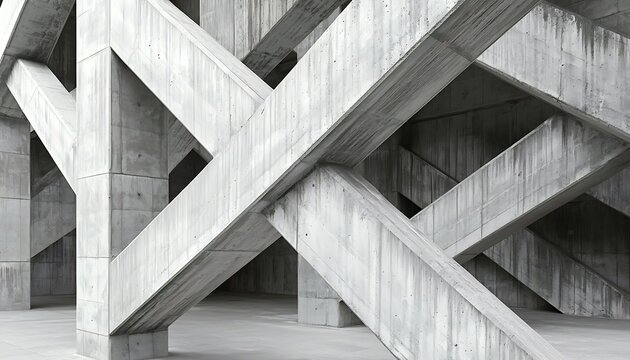Abstract concrete construction with interlocking diagonal beams and pillars.
