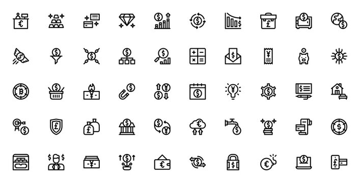 Currency icon set. Financial vector icons pack. Minimal line icons. Featuring teller, gold, card, diamond, graph, briefcase, profit, exchange, wallet, lock, piggy bank, bitcoin and more.
