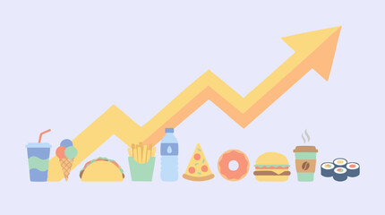 Flat illustration of fast food and snack consumption trend with upward arrow