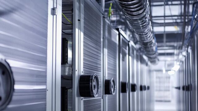 Server racks with visible components lining a long corridor, creating a sense of scale and illustrating the complex network infrastructure within a modern data center