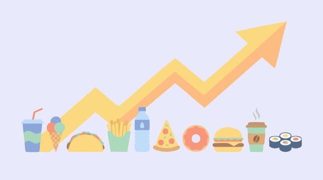 Flat illustration of fast food and snack consumption trend with upward arrow