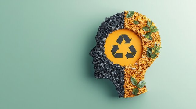 Recycling system shaped like a human head, symbolizing circular mindset shift