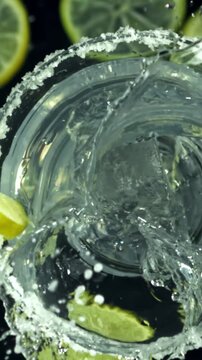 Ice falls into a margarita cocktail. Filmed on a high-speed camera at 1000 fps. High quality FullHD footage