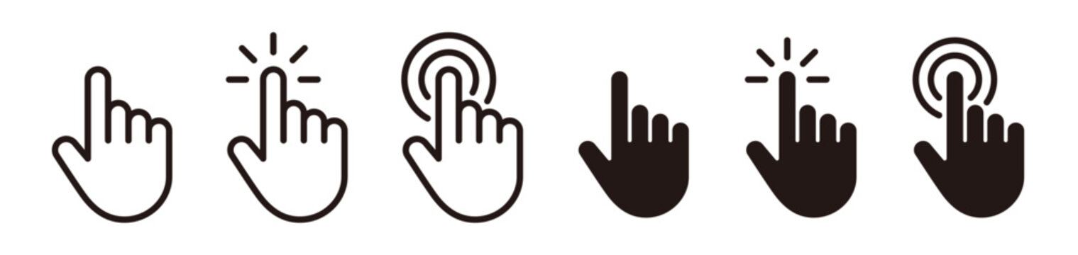 Hand click icon set, cursor pointer tap and press gesture symbols	