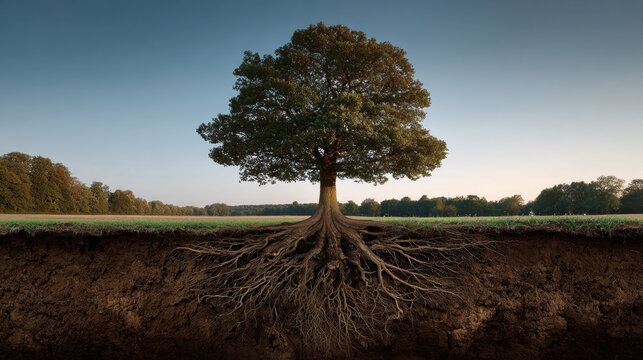 Tree with visible root cross section of soil underground root isolated tree field landscape shallow ground natural growth broadleaf tree
