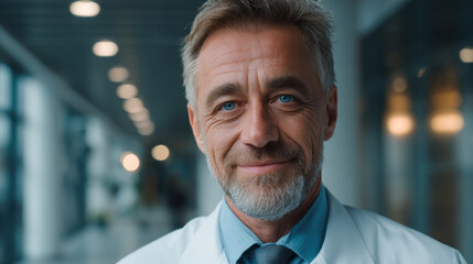 Fototapeta premium Mature male scientist portrait in modern office hallway, confident smile, blue shirt, white coat, professional workplace, blurred background