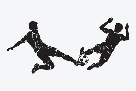 Two soccer players in action silhouette battling for ball possession sliding tackle illustration vector