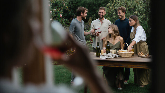 Charismatic friend captivating the group with an amusing story during an outdoor dinner party while the host casually finalizes the appetizer spread.