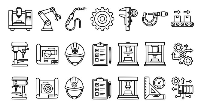 Industrial engineering icons set with tools machines and safety equipment