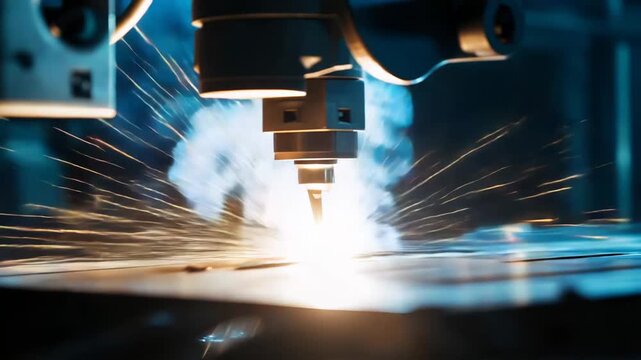 Automated laser cutting machine expertly processing a metal sheet, generating bright sparks and smoke, highlighting precision and advanced material fabrication in a modern industrial setting