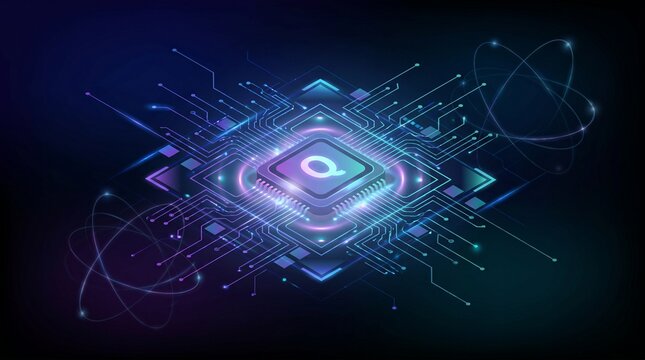Glowing quantum computer processor chip with a stylized letter q integrated into a complex digital circuit board design for advanced high speed future computing data processing