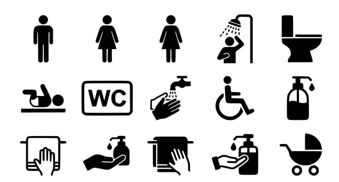 Public restroom signage collection pictograms for accessibility and hygiene