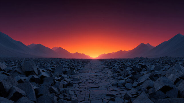 Abandoned battlefield rocky wasteland cracked road mountain valley dusk sky sunset glow dark landscape barren land war torn desolate plain