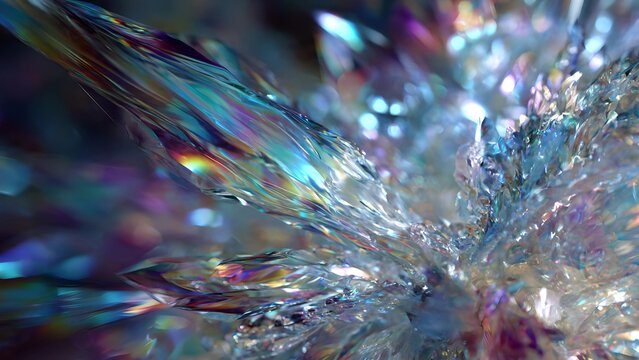 Abstract liquid crystal explosion, opalescent prism effect, light dispersion, spectrum of soft colors