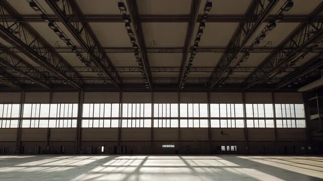 Vast empty industrial warehouse space featuring a polished concrete floor, high vaulted ceiling, and long horizontal windows creating dramatic light and shadow patterns