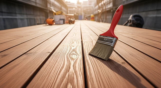 Red handle paintbrush on a wooden deck-floor with blurred construction tools in the background- perfect for renovation and DIY projects