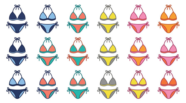 Colorful bikini swimsuit icons set, 18 vector swimwear illustrations in various bright colors, summer beach fashion apparel collection