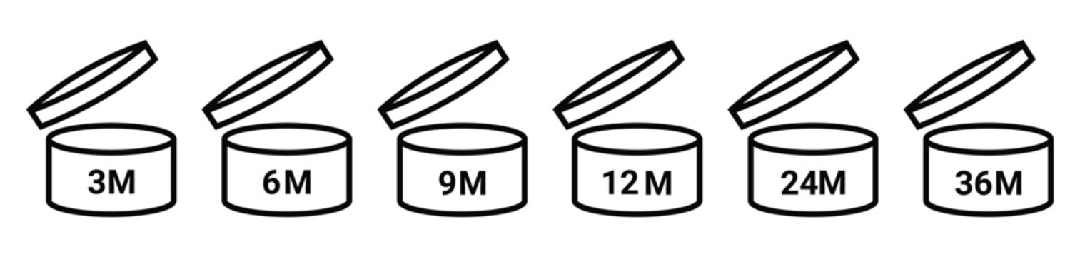 Period After Opening PAO label, symbol, icon logo. Cosmetic open period month  3M,  6M, 9M, 10M, 12M, 18M, 24M, 36M, 48M. Cream eu pack label for product packaging design.