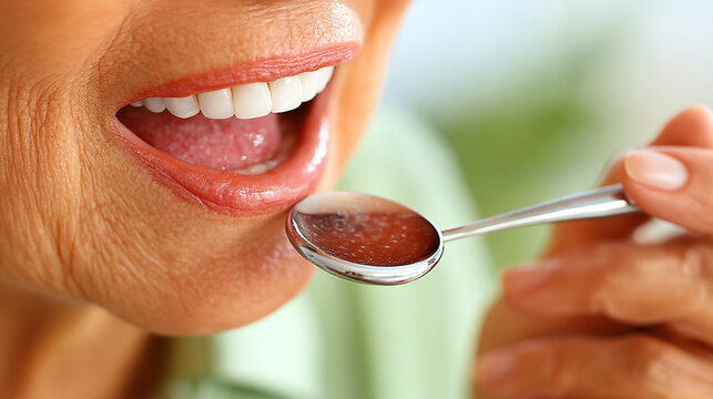 Close-up of an older person's mouth and white teeth with a spoon of red liquid