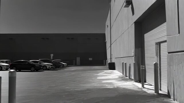 Industrial alleyway forming a narrow passage between large buildings. Creating a stark urban perspective with deep shadows and pockets of bright sunlight illuminating the pavement and parked vehicles