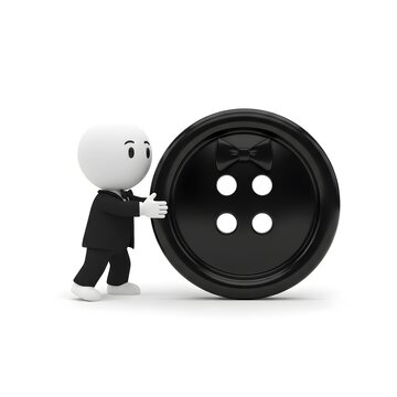 Character in tuxedo pushing a giant black suit button