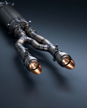 Medium shot highlighting dualline exhaust system assembly featuring parallel pipe welding and fitting emphasizing craftsmanship and structural alignment.