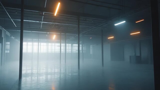 Empty industrial warehouse creating a mysterious atmosphere with glowing neon light tubes and heavy fog diffusing light, featuring structural pillars and large windows in the background