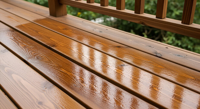 Wooden deck staining process showing treated and untreated boards for home improvement