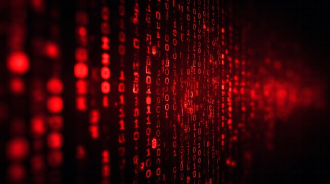 Abstract red digital code streams flow diagonally across a dark background.