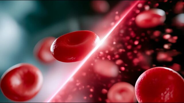Split view of red blood cells with glowing particles, showing sickle cell anemia, blood disorder, hematology, diagnosis, and medical research