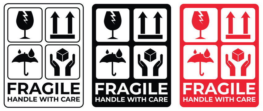fragile shipping label with handling symbols on a tan background
