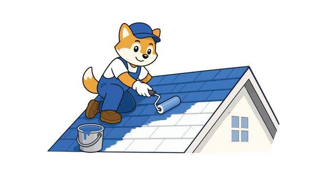 Cartoon Fox Mascot Painting House Roof with Paint Roller Illustration
