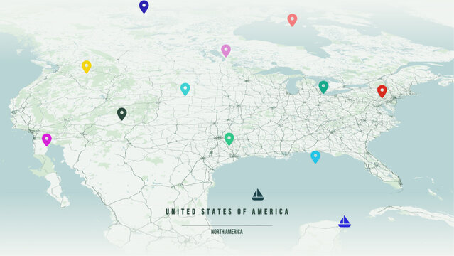 Minimalist vector map of the United States of America. High-quality scalable illustration of United States continental grid, Mississippi River, East and West Coast metropolises for poster and design.