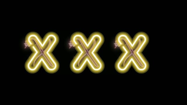 Three glowing yellow neon letter X signs with decorative pink flowers inside, creating a unique alphabet typography against a dark background