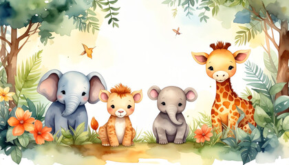Fototapeta premium Safari-Tiere als Aquarellillustration fürs Kinderzimmer